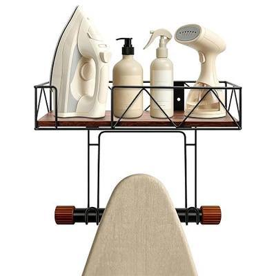 Ironing Board Hanger Wall Mounted, Metal Ironing Board Holder with Wood Shelf, Ironing Board Storage Rack with Hook for Laundry Room, Living Room, Bathroom (Matte Black)