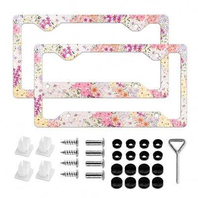 2 Pack Coquette Colorful Floral License Plate Frames, Aluminum Alloy Flower License Plate Covers with Mounting Kit, Cute Car Accessories Gift for Women