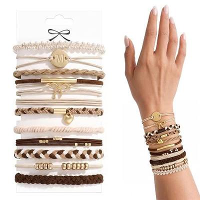 Birthday Gifts Boho Hair Ties for Girls, 12 Pcs Bracelets Bands - Initial M | Elastic Hair Tie Bracelets for Women, Cute Hair Ties No Damage for Thick /Thin Hair, Suitable Daily Life, Sport, Working