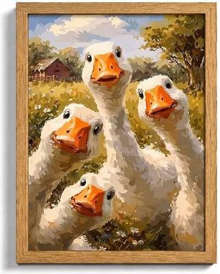 Framed Funny Duck Wall Art,Farmhouse Cute Geese Painting Print, Rustic Farm Animal Wall Decor,for Living Room Bedroom Kitchen 8 x 10 Inch