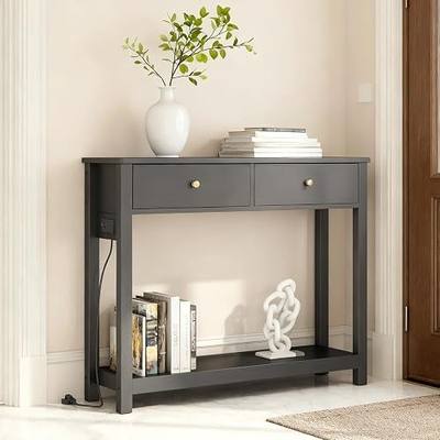 Gizoon Sofa Table with Outlets and USB Ports, Black | Console Table with 3 Drawers, Narrow Long Storage Shelves for Living Room, Couch, Hallway, Foyer, Entryway