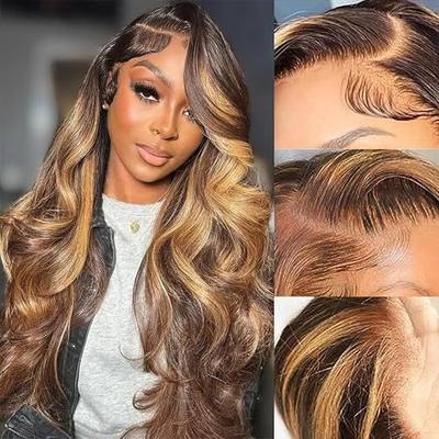 BXW Highlight Ombre Lace Front Wig Human Hair 13x6 Blonde Highlight Body Wave Lace Front Wigs Human Hair 4/27 Colored Deep Wave Wig 200% Density Honey Blonde With Frontal Wigs For Women 26Inch