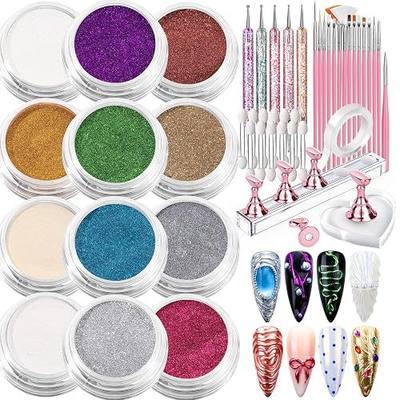 FANDAMEI Chrome Nail Powder, 12Jars Chrome Powder for Nails, with Nail Art Tools, Metallic Mirror Effect Nail Chrome Powder, White Chrome Nail Powder, Nail Chrome, Nail Design Tools, Nail Supplies