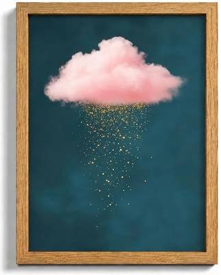 Framed Pink Cloud Wall Art,Golden Rain Painting Print,Modern Minimalist Teal Sky Wall Decor,for Bedroom Living Room Bathroom Nursery 8 x 10 Inch