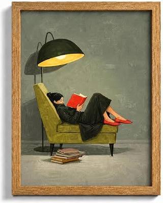 Framed Woman Reading Book Under Lamp Wall Art,Books Women Canvas Painting Print,Vintage Green Armchair Figure Wall Decor,for Living Room Bedroom Office 8 x 10 Inch