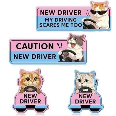 4PCS New Driver Magnet for Car - Cute Cat Student Driver Magnet Sticker Caution New Drivers Keep Distance Safety Reflective Sign Reusable Bumper Sticker Gifts for Student Drivers
