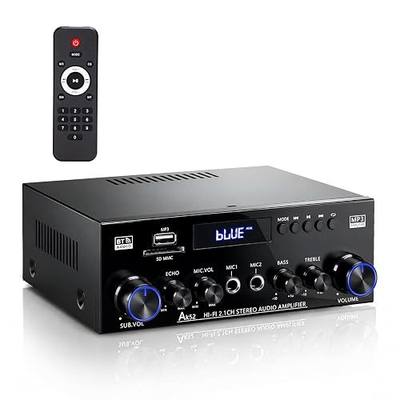 Bluetooth 5.0 Stereo Amplifier 400W | 2.1 CH Home Audio Receiver for Passive Speakers & Sub | Dual Mic in (Echo Adjust) | USB/SD/FM | Bass & Treble Control | Remote