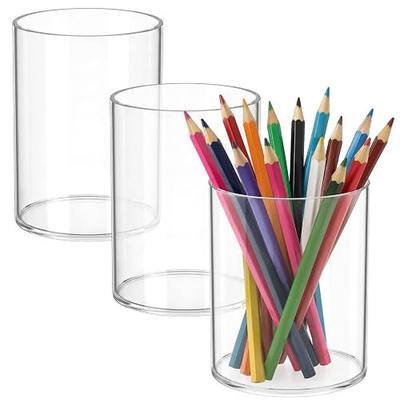 Mototo 3PCS Clear Acrylic Pen Holder Round Pencil Cup Office Desk Organizer | Toothbrush Utensil Holder Marker Makeup Brush Organizer Pencil Box Coffee Stirrers Storage Container for Classroom Counter