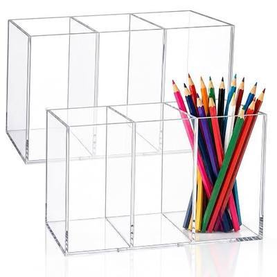 Mototo 2PCS Acrylic Pen Holder Back to School 3 Compartments Pen Organizer | Clear Pencil Cup Desktop Caddy Makeup Brush Storage Solution for Cosmetic Office Bathroom Kitchen Home Coffee Bar Container
