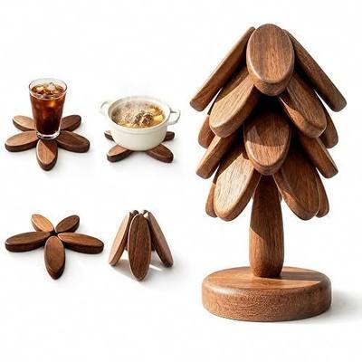 Wooden Trivet Set for Hot Dishes, 4 Foldable Natural Wood Pot Holders with Tree-Shaped Storage Stand, Heat-Resistant Countertop Protectors for Pots, Pans, Bowls and Kitchen Decor