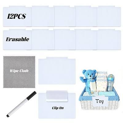 14 Pcs Set of Basket Labels Clip On for Storage Bins | 12 White Removable Bin Labels with 1 Chalk Marker&Wipe Cloth, Hanging Basket Tags for Pantry, Office, Classroom Organization