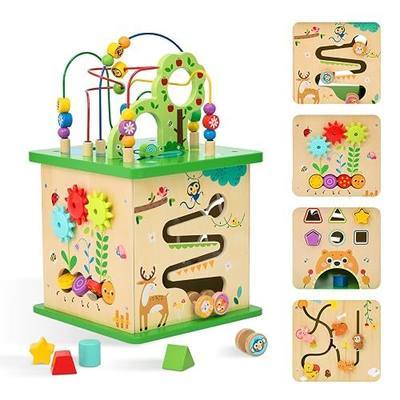 OOOK 5 in 1 Large Activity Cube, Forest-Themed Activity Cube for 1 Year Old | Wooden Play Center with Bead Maze, Shape Sorter, Gear Game, Montessori Toy for 1-2 Year Old, 13.4"W×13.4"D×22.2"H