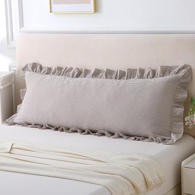 Aryeleay Brown/White Plaid Ruffled Body Pillow Cover Washed Cotton Farmhouse Checkered Gingham 1 Piece Pillowcase for Living Room 20"x54"