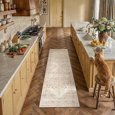 2x6 Beige Washable Neutral Runner Rug Hallway | Non Slip, Soft Low Pile, Vintage Farmhouse, for Laundry Bathroom Bedroom Living Room Home Decor