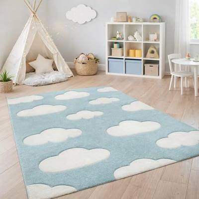 Paco Home Modern Kids Rug with Clouds in Blue Pastel for Nursery, Size: 3' x 5'