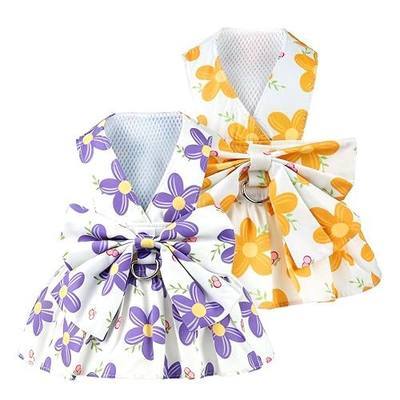 2Pack Small Dog Harness Dress for Girl Puppy Cat Dress with Flower Pattern Bow Adjustable Breathable Lining Back D-Ring Cute Outfits for Small Puppy, Cat Dresses for Cats Only or Dog Girl Clothes