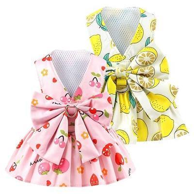 2Pack Small Dog Harness Dress for Girl Puppy Cat Dress with Strawberry&Lemon Pattern Adjustable Breathable D-Ring Outfits for Small Puppy Cat Dresses for Cats Only or Dog Girl Clothes