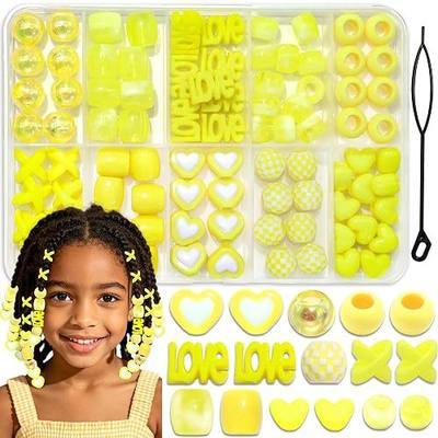 NAISKA 88PCS Yellow Hair Beads Box Braids Beads Accessories for Kids Girls | 10 Styles Hair Beads for Braids Heart Beads for Hair AB Color Pony Beads Cute Dreadlock Beads Lovely Braids Accessories