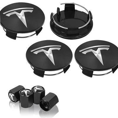 4 Pack Wheel Center Cover for Tesla Model 3 & Model Y,56mm Hubcaps Wheel Rim Cover Tesla Center Caps Hubcaps+4 Car Valve Stem Caps (Matte Black+Silver Emblem)