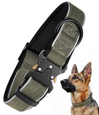 Reflective Tactical Dog Collar, Heavy Duty Metal Buckle, Army Green, Large | Heavy Duty Metal Buckle & D-Ring, Reflective, Neoprene Padded, Adjustable, Tactical Style