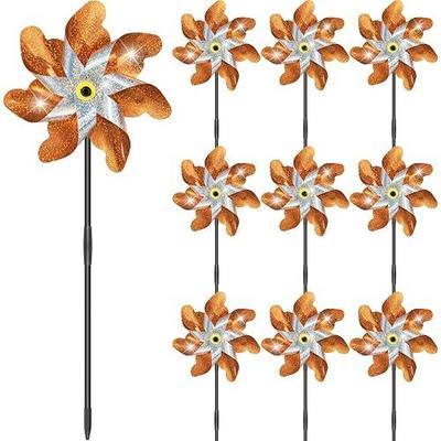 10 Pack Pre-Assembled Reflective Rainbow Pinwheels(Orange) | Sparkly Wind Spinners with Stakes, Outdoor Yard Lawn Garden Party Decor, Scare Birds Away for Farm Patio