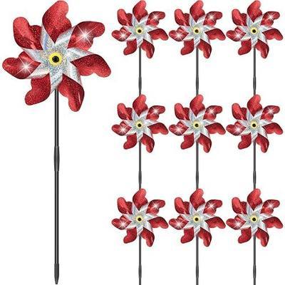 10 Pack Pre-Assembled Reflective Rainbow Pinwheels(Red) | Sparkly Wind Spinners with Stakes, Outdoor Yard Lawn Garden Party Decor, Scare Birds Away for Farm Patio