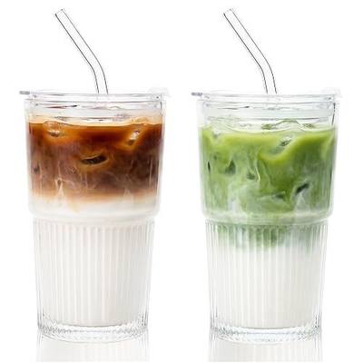Glass Tumbler with Straw and Lid 16 oz Ribbed Glass Coffee Cups | Matcha Glass with Plastic Lid, Clear Cute Glassware, Leak Proof Drinking Glasses Set of 2 for Cocktail Juice Smoothie Drinks