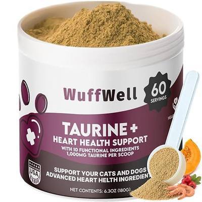 Taurine for Cats & Dogs 1000mg Heart Health Powder Supplement, 60 Servings | WuffWell 10-in-1 Formula with CoQ10, L-Carnitine, Hawthorn Berry - Easy to Mix, Made in USA, Supports Cardiac Function