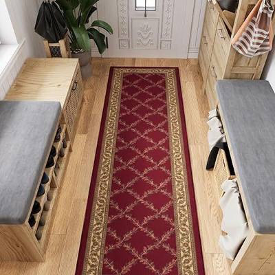 Ottomanson 2'7" x 20' Extra Long Hallway Runner Rug – Non Slip Low Pile Carpet Runner for Hallways, Corridors & Narrow Spaces, Trellis Red