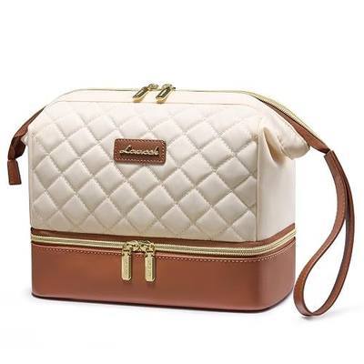 LOVEVOOK Travel Makeup Bag, Portable Double Layer Cosmetic Bag For Women | Toiletry Bag with Brush Compartment, Waterproof PU Leather Pouch Purse, Make Up Bag for Skincare, Bathroom&Travel Essentials