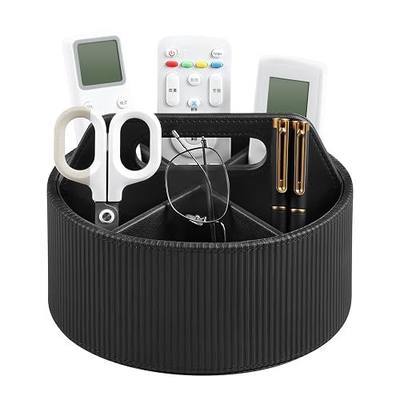 Round Desk Organizer Caddy Caddy Organizer Remote Control Holder (Black) | 6 Compartments, Portable Handle, Soft Lining, Aesthetic Stripes, Waterproof And Stain-Resistant