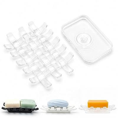 1 Pack Woven Design Self Draining Clear Soap Dish for Bathroom Sink, Double-Layer Shower Soap Holder with Removable Drip Tray for Kitchen Counter, Plastic Shower Soapdish for Bar Soap & Sponge