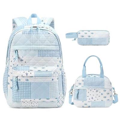 Quilted Backpack for Girls, 3Pcs Girls Backpack with Lunch Box Pencil Case, Lightweight Kids School Backpacks Teen Girl Bookbag Daypack for Elementary Middle High School