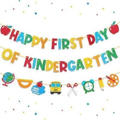 First Day of Kindergarten Decorations, Pre-Strung Happy First Day of Kindergarten Banner for Home, Classroom (3pcs)