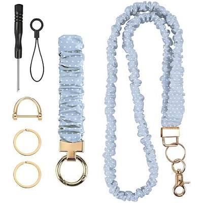 Scrunchie Lanyard with Wristlet Keychain Set for ID Badges & Keys | Blue White Style Stretchy Retractable Lanyards, Cute Teacher Lanyard, Gifts for Women, Office School Supplies
