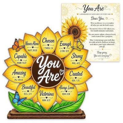 Christian Gifts for Women Home Decor, Sunflower Inspirational Desk Decor with Bible Verses, Spiritual Gifts for Women, God Says You Are Plaque, Christian Home Decor, Office Desk Decor