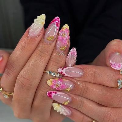 Handmade Press On Nails Almond Medium 30PCS Acrylic Fake Nails, French 3D Red Flower & Bead Design Reusable False Nails for Women Girls Salon