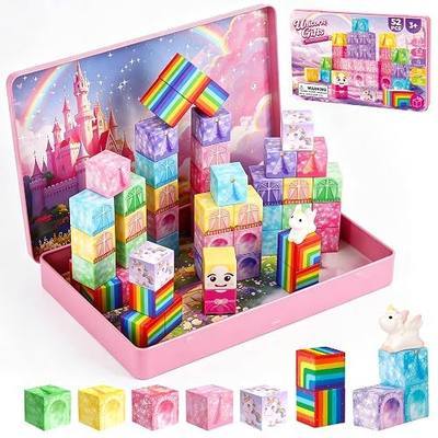 Mini Magnetic Blocks Travel Set with Case, 52PCS Pink Princess Castle Magnetic Building Cubes, 3D Magnet Cubes for Girls, STEM Construction Toys for Kids Ages 3+, Princess Toys for Kids Birthday Gifts