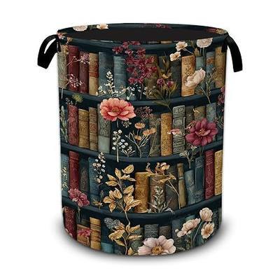 Vintage Bookshelf Flowers Laundry Basket,Foldable Oxford Laundry Hamper with Handles,Portable Clothes Tote Bag Clothes Storage Bucket Organizer 20.8" x16" For Bathroom/Laundry Storage/Bedroom