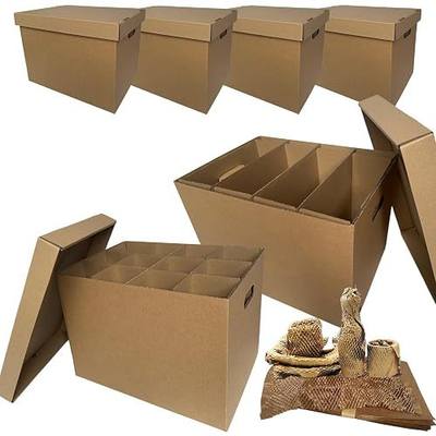 Tape-Free Kitchen Moving Boxes 17x12x12" for Dishes & Glassware | 4 Sets with Adjustable Divider Kits & Cushion Papers, Reinforced Handles – Secure Packing for Kitchen Moving