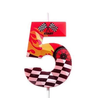 2.76 in Race Car 5th Birthday Candle,Red Birthday Decoration for Boys Girls | Racing Theme Number 5 Cake Topper, Checkered Flag Flame Track Birthday Anniversary Party Supplies