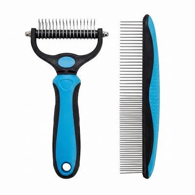 Pet Grooming Brush and Comb Set, 2 in 1 Deshedding Dematting Tool for Dogs Cats, Double Sided Undercoat Rake with Metal Comb for Long Matted Fur Detangling