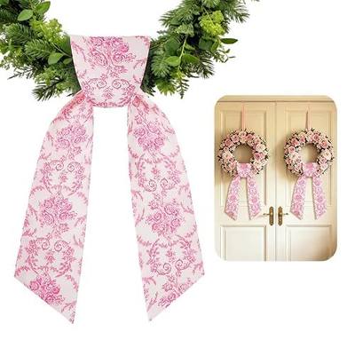 Wreath Sash for Front Door, 2 Pcs Wreath Sash Floral Ribbon for Flower Bouquet, Decorative Ribbon for Seasonal Wreaths, Front Door and Wall Decor, Ribbon for Wreaths and Home Display(Pink Flower)