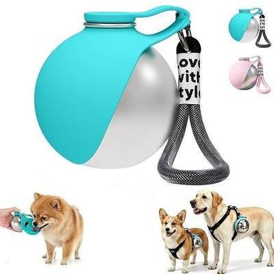 2 in 1 Portable Tumbler for Dogs, Portable Dog Water Ball, 10oz Stainless Steel Pet Water Dispenser with Silicone Foldable Bowl, Leak Proof, Portable Small Dog Water Bottle for Walking, Hiking(Blue)