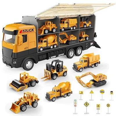 WEOLULI Construction Truck Toy Set,Push & Go Storage Carrier Truck with 6 Rolling Mini Engineering Vehicles,8 Traffic Signs, Birthday Gifts for Kids, Boys & Girls Ages 3-10