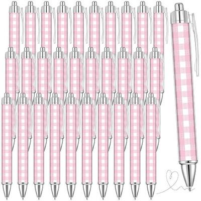 Spakon 32 Pcs Pink Gingham Ballpoint Pens Plaid Checkered Retractable Pens 1.00 mm Black Ink Smooth Writing School Office Supplies for Birthday Christmas Graduation Gifts