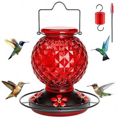 Glass Hummingbird Feeder for Outdoors, 20 Oz Bird Nectar Feeder with Ant Moat, Hummingbirds Feeders for 4 Feeding Ports, Hanging for Garden Backyard Decor (Red)