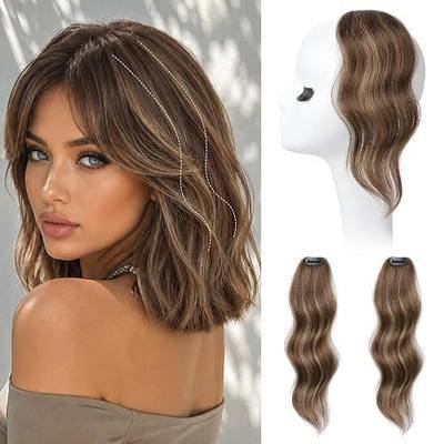REECHO Clip in Hair Volumizer, 2PCS 12 inch Short Thick Beach Wave Clip in Hairpieces Adding Extra Volume Hair Extensions for Women - Chocolate Brown with Highlights