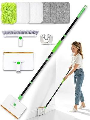4-in-1 Baseboard Cleaning Tool with 60" Extendable Handle Brush | T-Shaped Head, Stiff Bristle Brush, Metal Carpet Rake, 5 Reusable Pads for Dust, Dirt, Pet Hair & Multi-Surface Cleaning