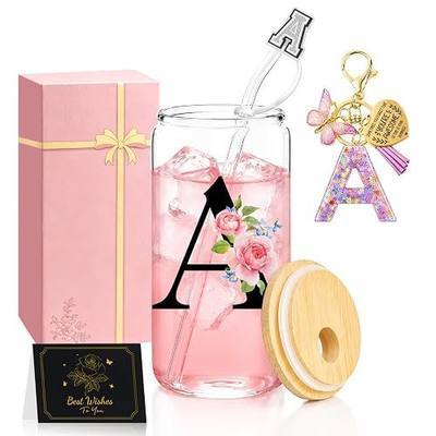 Initial Glass Cup with Lid and Straw & Initial Letter Keychains Monogrammed Gifts for Women 16oz Iced Coffee Drinking Glass Tumbler, Personalized Tumbler Birthday Gifts for Women Girl Her Mom Friend